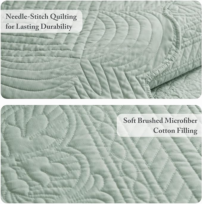 Madison Park Queen Quilt Set Damask Coverlet Set for Queen Size Bed, Cottage Oversized Quilt, Scallop Edge, All Season, Pre-washed Cotton-Filled Queen Size Quilt, Tuscany, Full/Queen Seafoam 3 Piece