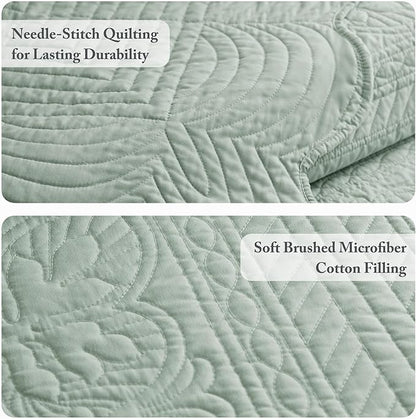 Madison Park Queen Quilt Set Damask Coverlet Set for Queen Size Bed, Cottage Oversized Quilt, Scallop Edge, All Season, Pre-washed Cotton-Filled Queen Size Quilt, Tuscany, Full/Queen Seafoam 3 Piece