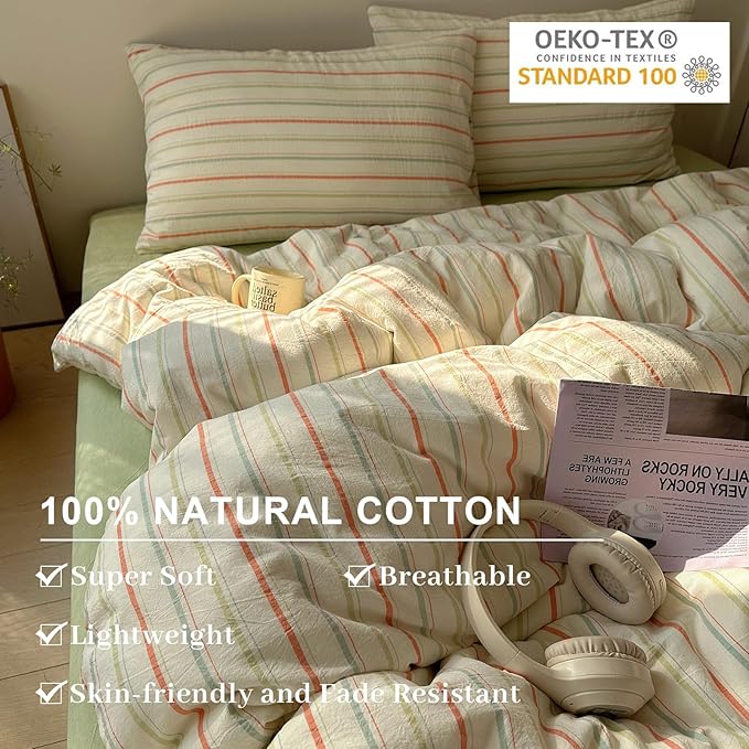 EAVD Retro Striped Duvet Cover Set Twin Size 100% Cotton Vintage 3-Pieces Stripes Bedding Set with 2 Pillowcases Farmhouse Geometric Comforter Cover with Zipper Closure(Orange&Blue&Green, Twin)