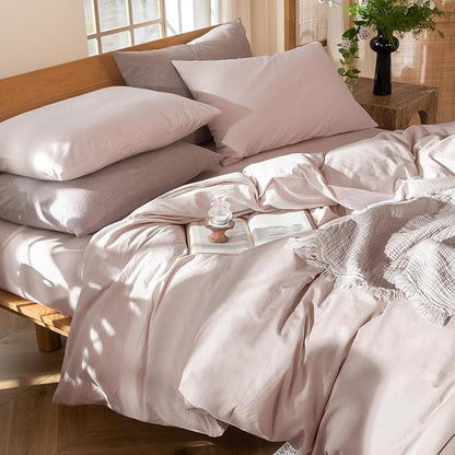 MooMee Bedding Duvet Cover Set 100% Washed Cotton Linen Like Textured Breathable Durable Soft Comfy (Heathered Greyish Pink, Cal King 104"x98")