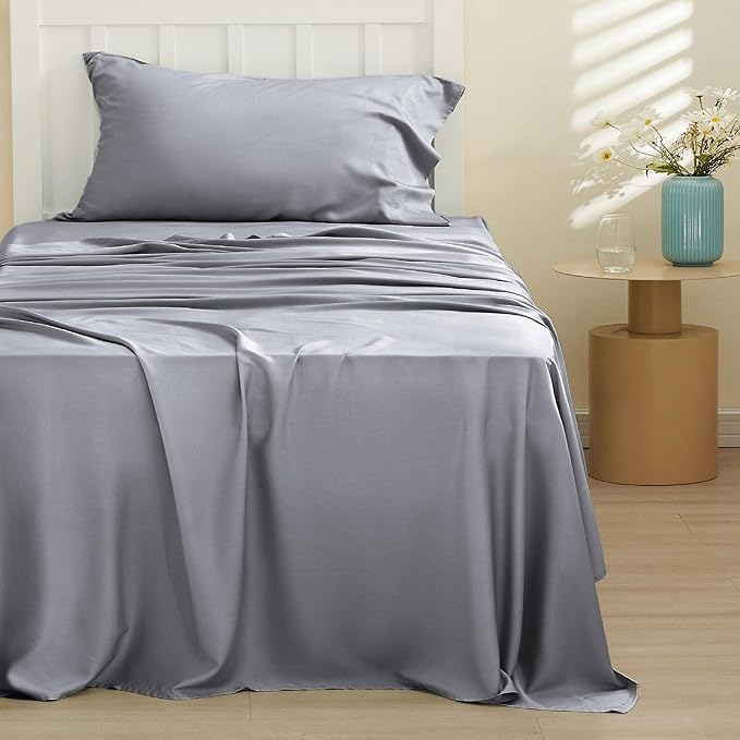 Bedsure Cooling Sheets Twin XL, Rayon Derived from Bamboo, PureWoven, Breathable & Soft Twin XL Sheet Sets, Deep Pocket Up to 16 Inches, Hotel Luxury Silky Dorm Bedding for Hot Sleepers, Silver Grey
