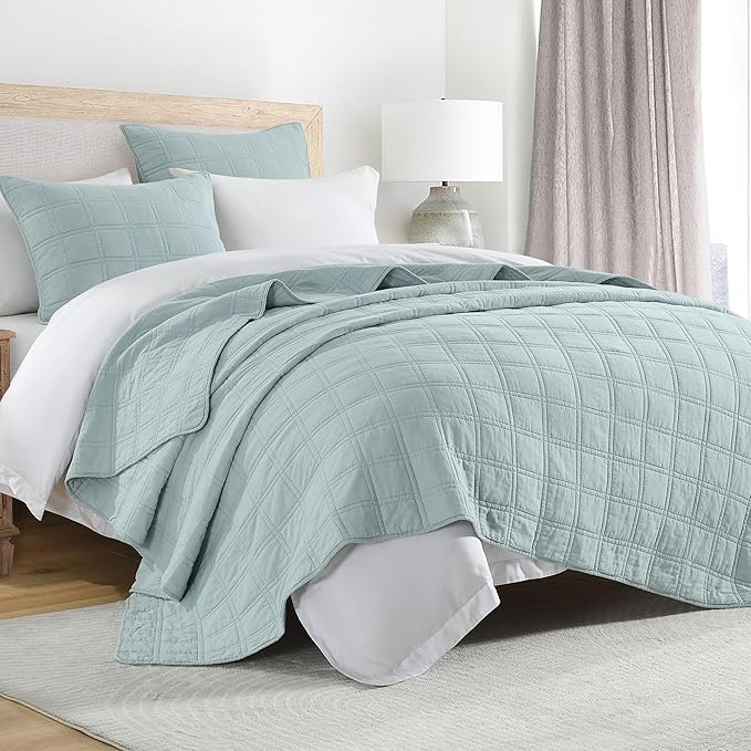 HORIMOTE HOME 100% Cotton Quilt Set King Size, Paleturquoise Pre-Washed Bedspreads Coverlet Set in Geometric Pattern, Cozy Lightweight Stitching Decorative Bedding Cover with 2 Shams for All Season