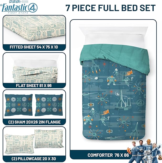 Jay Franco Comforter Set Includes Sheets and Pillow Covers - Soft and Cozy Bed Set for Stylish Room Decor, Blue - The Fantastic Four, 7 Piece Full Size Bedding