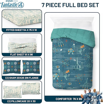 Jay Franco Comforter Set Includes Sheets and Pillow Covers - Soft and Cozy Bed Set for Stylish Room Decor, Blue - The Fantastic Four, 7 Piece Full Size Bedding
