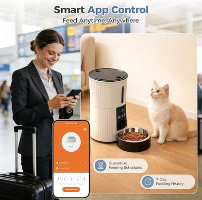 DUMOS 4L Automatic Cat Feeder, Dog Food Dispenser with APP Control, White | 2.4G WiFi, 10s Voice Recorder, Dual Power, Desiccant Bag, Stainless Steel Bowl, Programmable Feeder for Small Cats and Dogs