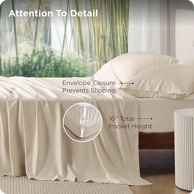 Bedsure California King Sheet Sets, Cooling Sheets, Rayon Derived from Bamboo, PureWoven, Breathable & Soft, Deep Pocket Up to 16 Inches, Hotel Luxury Silky Bedding for Hot Sleepers, Light Beige