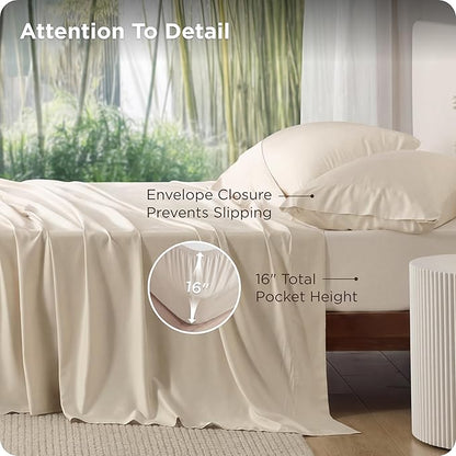 Bedsure California King Sheet Sets, Cooling Sheets, Rayon Derived from Bamboo, PureWoven, Breathable & Soft, Deep Pocket Up to 16 Inches, Hotel Luxury Silky Bedding for Hot Sleepers, Light Beige