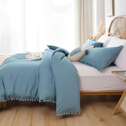 YIRDDEO Twin Comforter Set - Comforter Twin Size Bed with Ball Pom Fringe, Soft Bedding Set for All Seasons - 2 Pieces, 1 Comforter (66"x90") & 1 Pillow Sham(20"x26"), Dusty Blue