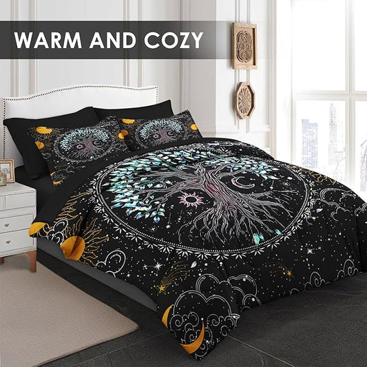 Comforter Set King Size, Trippy Hippie Tree of Life 7 Pcs Bedding for Kids and Adults, Sun and Moon Bohemian Bed Sheet Sets with Fitted Sheet 2 Pillowcase & 2 Sham for Bedroom Bed Decor