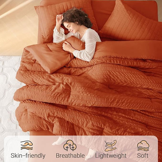 MUXHOMO 7 Pieces California King Comforter Set, Seersucker Bed in a Bag Cal King Size, All Season Luxury Bedding Set with Comforter, Flat Sheet, Fitted Sheet, Pillowcases & Shams, Burnt Orange
