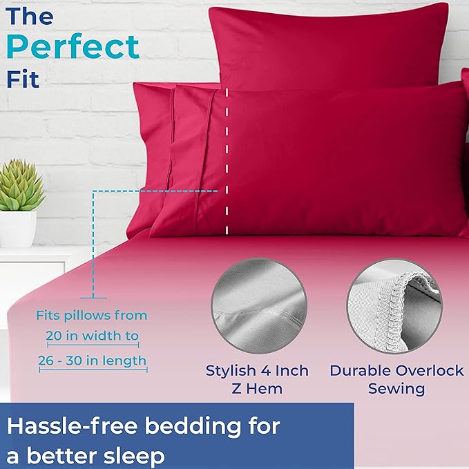 Thread Spread 100% Egyptian Cotton Pillow Cases Queen Size Set of 2 - Luxury 1000 Series Paradise Collection Queen Pillow Cases (Red), Soft Cooling Sateen Hotel Egyptian Cotton Pillowcases