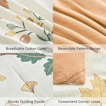 Botanical Cotton Comforter King Size - Luxurious Design with Maple Leaves and Branches on Beige, Textured Maple Orange Back, 3PC Lightweight Bedding Set with Ultra-Soft Alternative Fill