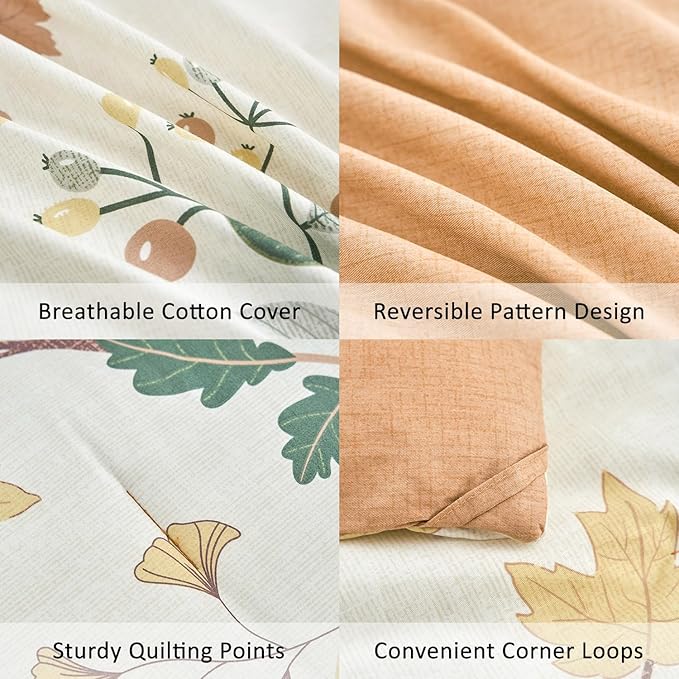 Botanical Cotton Comforter Queen Size - Luxurious Design with Maple Leaves and Branches on Beige, Textured Maple Orange Back, 3PC Lightweight Bedding Set with Ultra-Soft Alternative Fill