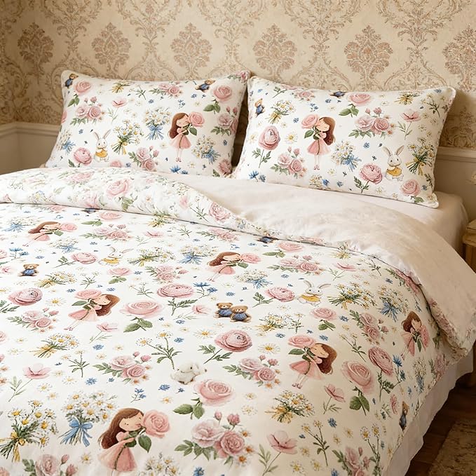 Pink Bed in A Bag Queen for Girls, 5Pcs Pink Rose Bedding for Kids Kawaii Bedroom Decor, Cute Priness Girly Rabbit Bear Comforter Set with 2 Pillowcases, 90"x90"