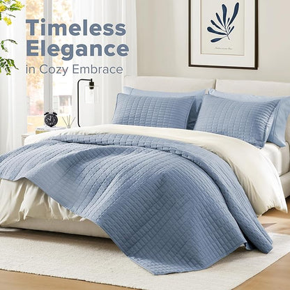 Comfort Spaces Blue Oversized Queen Quilt Set 102"x118" Bedspread Quilted Summer Lightweight Microfiber Bedding Coverlet with Double Sided Stitching Soft All Season Cozy 3 Piece with Matching Shams