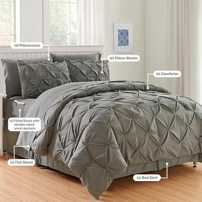 Elegant Comfort 8-Piece Pinch Pleated Comforter Set - All Season Complete Bed in a Bag, Includes 4pc Smart Sheet Set, Bed Skirt, Comforter, Matching Pillowcases and Shams, Full/Queen, Gray