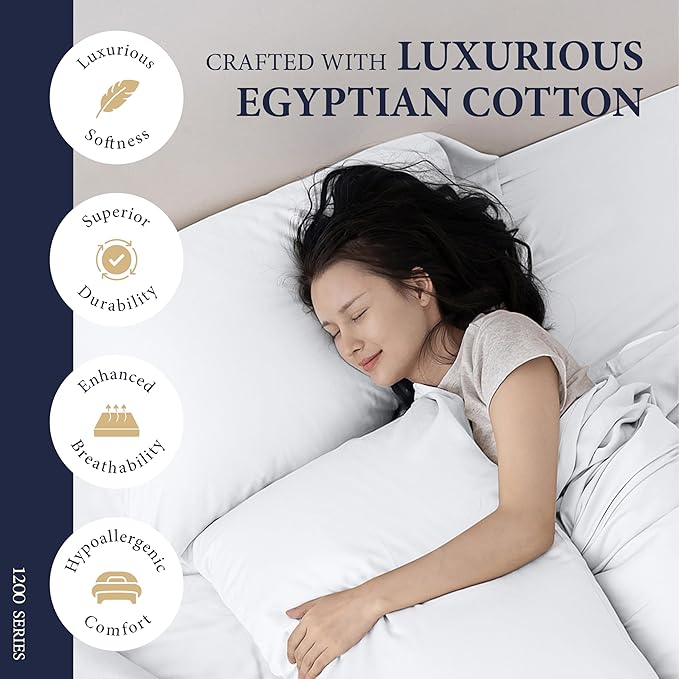 Ashton Sheets 100% Egyptian Cotton Pillow Cases Standard/Queen Size Set of 4 - Luxury 1200 Thread Count Sateen White Pillow Cases, Silky Soft Cotton Pillowcases Fits Standard & Queen Size Pillows