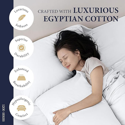 Ashton Sheets 100% Egyptian Cotton King Size Sheets Set - Luxury 1200 Thread Count Egyptian Cotton Sheets King Size, Silky Soft, Cooling, Sateen Weave 17" Deep Pocket Bed Set - White