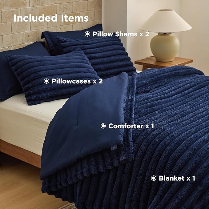 Bedsure Gentlesoft™ 2-in-1 Twin Comforter Set and Detachable Fluffy Blanket, Navy Blue Bedding Set for All Season Use, SnapTech Design for Space Saving (Includes 1 Pillow Sham, 1 Pillowcase)
