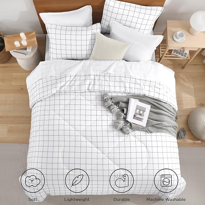 Andency Twin XL Comforter Set(68x92Inch), White Gingham Plaid Grid Checkered Bed Comforter Set for Dorm Boys Girls Kids Teens, 2 Pieces Lightweight Polyester Geometric Bedding Set
