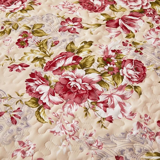 Cmfshape Summer Floral Queen Quilted Bedspread,Romantic Red Quilt Set,Reversible Stitched Bedding Cover All Season,Soft Lightweight Coverlet with Pillow Cases (Red Rose, Queen(90"x90"))