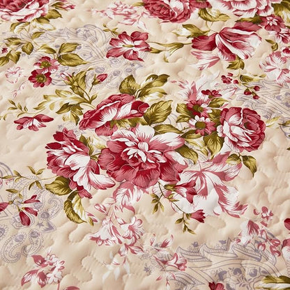 Cmfshape Summer Floral Queen Quilted Bedspread,Romantic Red Quilt Set,Reversible Stitched Bedding Cover All Season,Soft Lightweight Coverlet with Pillow Cases (Red Rose, Queen(90"x90"))