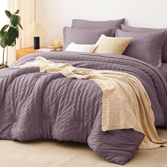 CozyLux King Size Comforter Set Dusty Purple Seersucker 7 Pieces Bed in a Bag King Comforter Set with Sheets, Grayish Purple Luxury Bedding Set Down Alternative Comforter, Sheets, Pillowcases & Shams