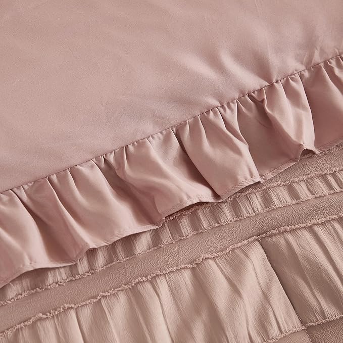 WONGS BEDDING Pink Comforter Set King,3 Pieces Ruffle Farmhouse Shabby Chic Boho Comforter for King Bed,Soft Textured Bedding Set with 1 Ruffle Comforter,2 Tufted Pillowcases 104"×90"