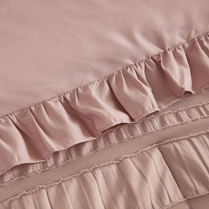 WONGS BEDDING Pink Comforter Set King,3 Pieces Ruffle Farmhouse Shabby Chic Boho Comforter for King Bed,Soft Textured Bedding Set with 1 Ruffle Comforter,2 Tufted Pillowcases 104"×90"