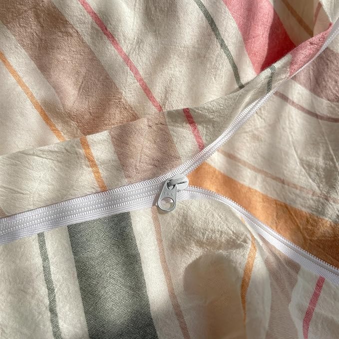 VM VOUGEMARKET Striped Duvet Cover Set Queen Washed Cotton Bedding Multicolor Stripes Duvet Cover with 2 Pillowcases for Girls Women(Orange/Pink/Green/Coffee)