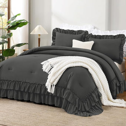 Andency Dark Grey Twin Size Comforter Set(66x90Inch), 2 Pieces(1 Ruffle Comforter and 1 Pillowcase) Lightweight Fluffy Bedding Comforter Sets, All Season Soft Polyester Bedding Set