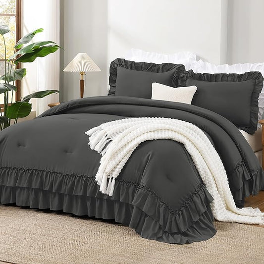 Andency Dark Grey King Comforter Set, Gray Ruffle Farmhouse Shabby Chic Bedding Set, All Season Soft Lightweight Down Alternative Polyester Bed Comforter Sets