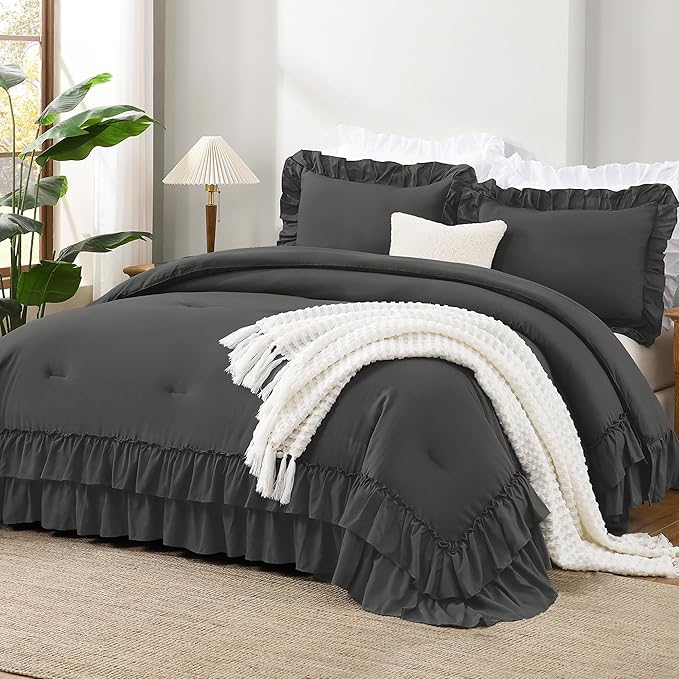 Andency Dark Grey Comforter Set Full, Gray Ruffle Shabby Chic Bedding Comforter Set for All Seasons, 3 Pieces Lightweight Fluffy Farmhouse Bed Set for Women Men(1 Ruffle Comforter 2 Pillowcases)