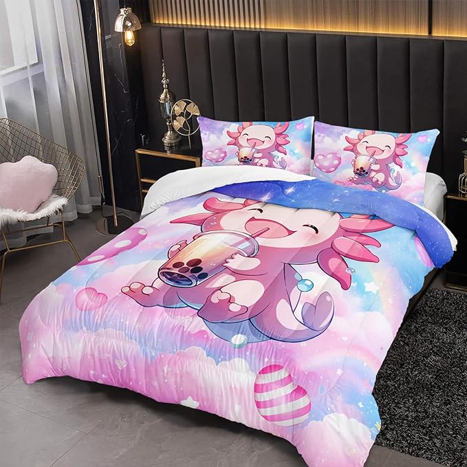 Cute Salamander Comforter Set Queen Kwaii Axolotl Bedding Sets 3PCS for Kids Teen Adult Girl Room Decor Ultra-Soft Lightweight Microfiber 1 Comforter with 2 Pillowcases