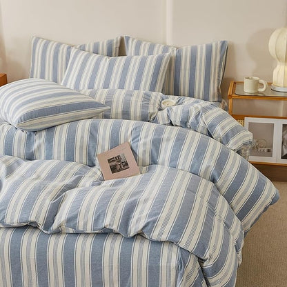 Blue Striped Duvet Cover Queen Washed Cotton Boho Queen Comforter Cover Soft Vertical Stripe Pattern Duvet Cover Set with 2 Pillow Cases Farmhouse Zipper Bedding Set Pinstripe Duvet Protector