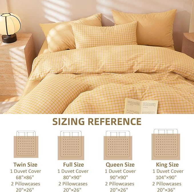 EAVD Modern Yellow Gingham Duvet Cover King Size Washed Cotton Bedding Set 3 Pieces Grid Plaid Duvet Cover Set Modern Grid Checkered Bedding Set with 2 Pillowcases Farmhouse Gingham Comforter Cover