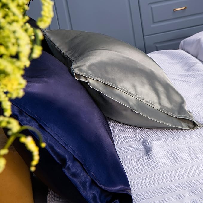 NTBAY 12 Pack Satin Standard Pillowcases for Hair and Skin, Luxurious and Silky Pillow Cases with Envelope Closure, 20 x 26 Inches, Navy Blue