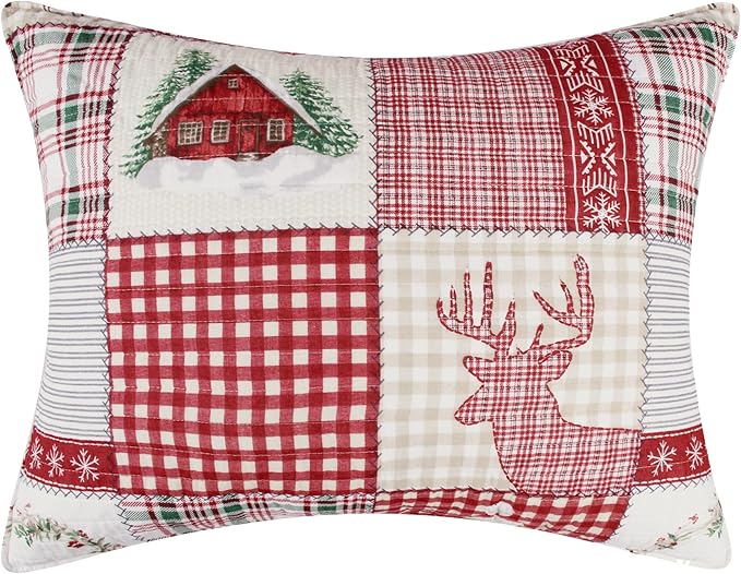 Levtex Home - Home for Christmas Bedspread Set - Full Bedspread and Two Standard Shams - Patchwork - Green Red Taupe Cream - Bedspread (96X106in.) and Shams (20x26in.) - Cotton