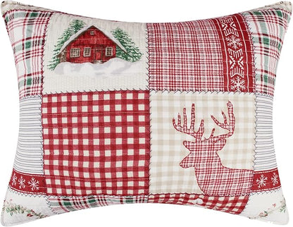 Levtex Home - Home for Christmas Bedspread Set - Full Bedspread and Two Standard Shams - Patchwork - Green Red Taupe Cream - Bedspread (96X106in.) and Shams (20x26in.) - Cotton