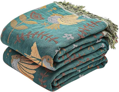 Boho Throw Blanket, 100% Cotton Ultra Soft Luxury Fall Throw Rustic Quilt, 50"x60" Floral Printed Farmhouse Decor Bed Summer Blankets, All Season Rustic Reversible Bohemian Throw for Bed