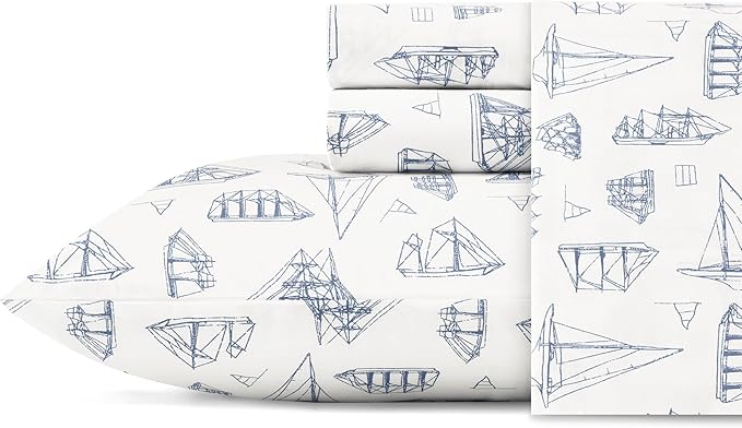 Nautica - Twin XL Size Sheet Set, Crisp & Tailored Cooling Sheets with a Smooth Cotton Percale Lightweight Feel - Bed Sheets with Matching Pillowcase & Fitted Sheet (Whitewood Sail Blue)