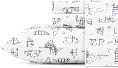 Nautica - Twin XL Size Sheet Set, Crisp & Tailored Cooling Sheets with a Smooth Cotton Percale Lightweight Feel - Bed Sheets with Matching Pillowcase & Fitted Sheet (Whitewood Sail Blue)
