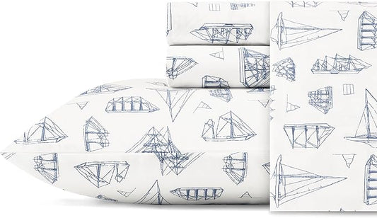 Nautica - Twin XL Size Sheet Set, Crisp & Tailored Cooling Sheets with a Smooth Cotton Percale Lightweight Feel - Bed Sheets with Matching Pillowcase & Fitted Sheet (Whitewood Sail Blue)