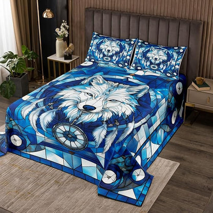 Wolf Kids Bedspread Twin Size,Dreamcatcher Feather Wild Animal Rustic Hunting Coverlet Set,Boys Girls Room Decor,Indian Geometric Grids Patchwork Quilted Coverlet,Boho Bedding Quilt,1 Pillowcase