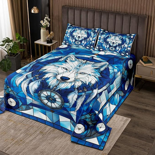 Wolf Kids Bedspread King Size,Dreamcatcher Feather Wild Animal Rustic Hunting Coverlet Set,Boys Girls Room Decor,Indian Geometric Grids Patchwork Quilted Coverlet,Boho Bedding Quilt,2 Pillowcases