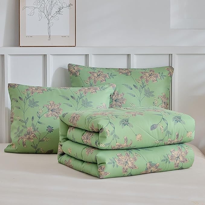 Garden Style Green Comforter Set Queen Vintage Flower Bedding Comfortet Set Soft Microfiber Bedding Set 1 Green Floral Comforter and 2 Pillowcases Chic Botanical Comforter Set for Girls Women