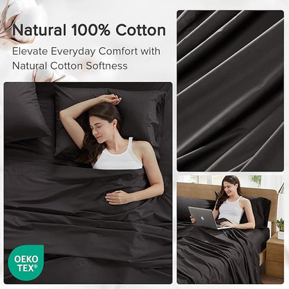 Comfort Spaces 100% Cotton Sheets Cal King, Breathable & Soft Cotton Sheets, Naturally Cool Cotton Bed Sheets with 14" Elastic Pocket Fits up to 16" Mattress, All Season Sheet Set, Black 4 Piece