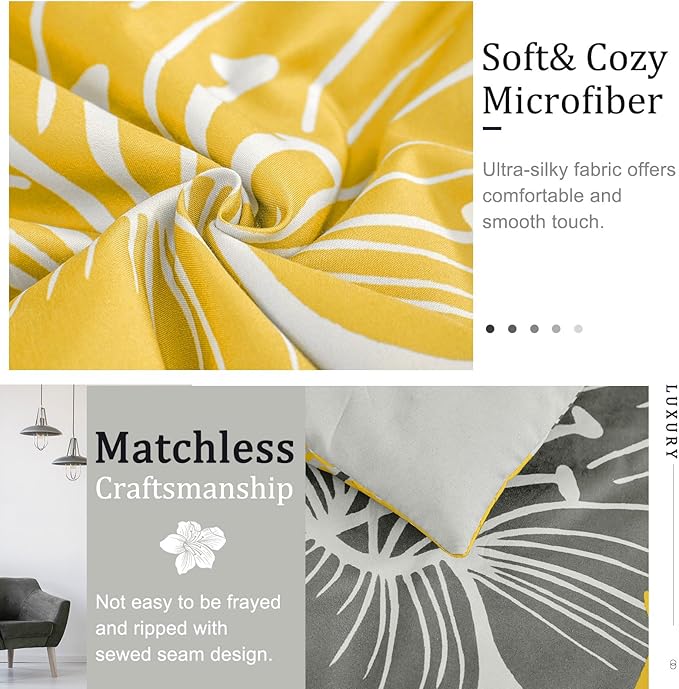 Menghomeus King Comforter Set Yellow Floral and Grey Bedding, Soft Microfiber Bedding Lightweight Boho Bed Comforter Set for All Season (1 Comforter, 2 Pillowcases)