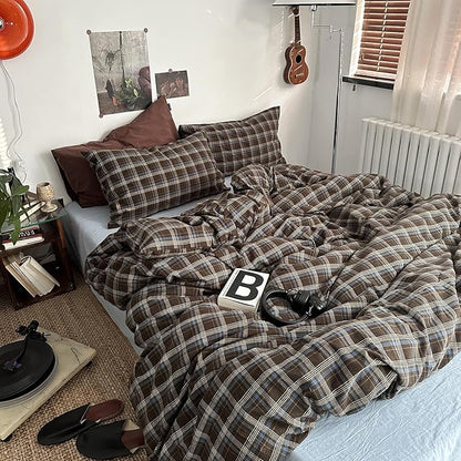 mixinni Vintage Blue & Brown Buffalo Plaid Comforter Set California King Size - 3-Piece Washed Cotton Soft Geometric Checkered Pattern Bedding Set for All-Seasons Lightweight & Breathable