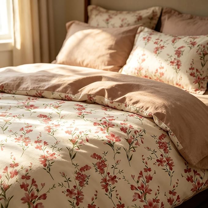 Vintage Floral Comforter Set Queen Size, Cottagecore Soft Microfiber Bedding Set with Retro Flowers Pattern, 3Pieces All Season Lightweight Summer Comforter Set for Girls